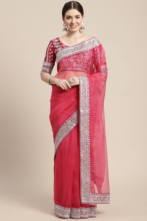 Carrot Pink Organza Traditional Saree with Lace Work