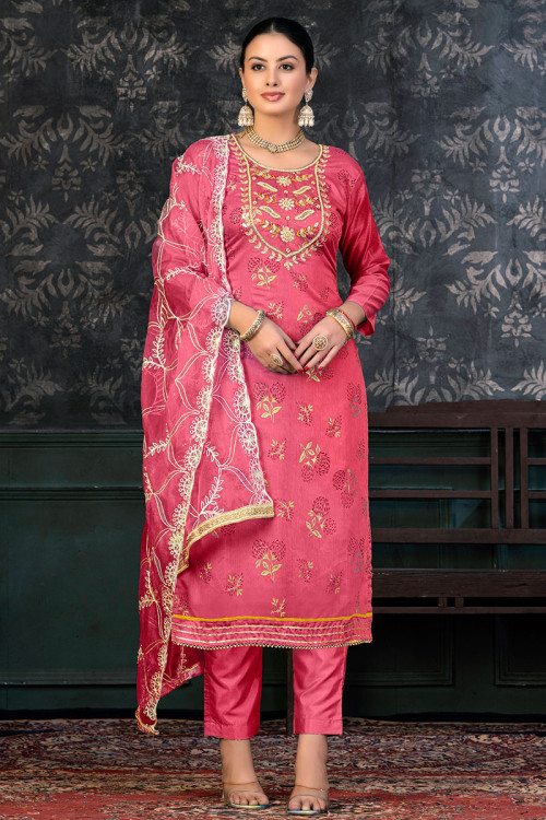 Carrot Pink Printed Chanderi Silk Trouser Suit For Sangeet 