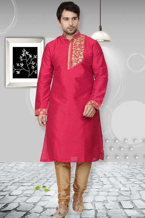Carrot Pink Silk Kurta Pajama For Men