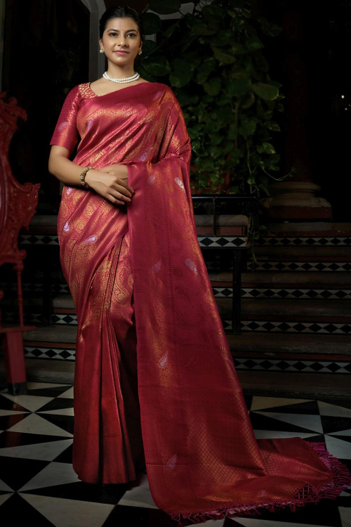 Carrot Pink Raw Silk Woven Zari Saree