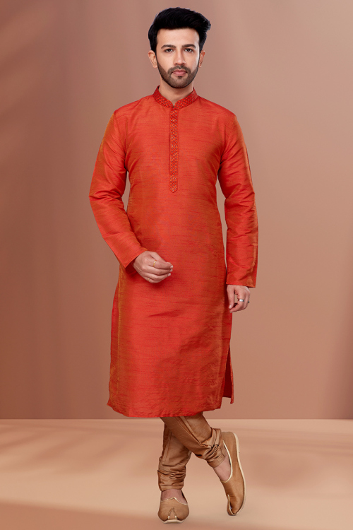 Carrot Red Dupion Silk Straight Cut Men Kurta Pajama