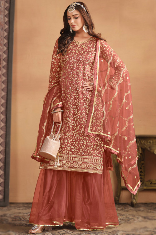 Carrot Red Zari Embroidered Net Sharara Suit For Sangeet 