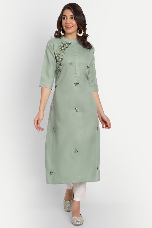 Casual Wear Beads Embroidered Greenish Grey Ready Made Kurti in Cotton