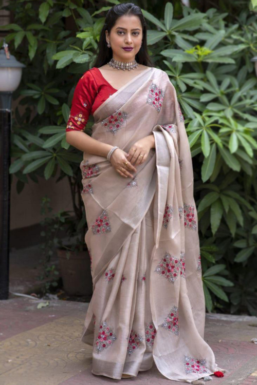 Casual Wear Embroidered Grey Beige Linen Saree 