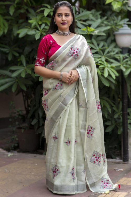 Casual Wear Linen Light Sage Green Embroidered Saree 