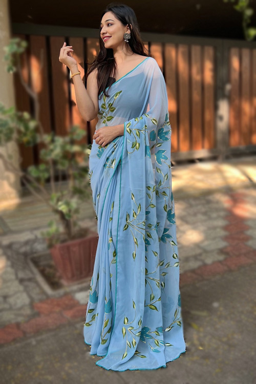 Sky Blue Handpainted Organza Saree