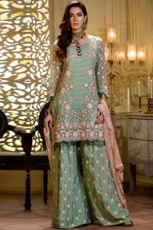 Celadon Green Embroidered Palazzo Pant Suit