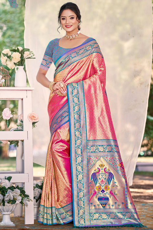 Cerise Pink Art Silk Broad Border Saree With Weaved Work For Festival