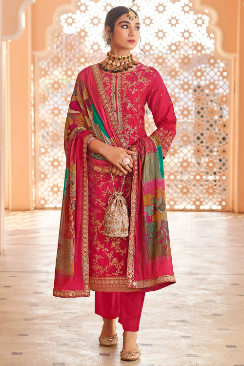 Cerise Pink Art Silk Straight Pant Suit With Weaved Work