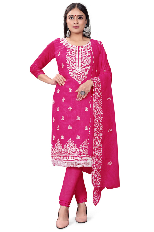 Cerise Pink Chanderi Cotton Thread Embroidered Churidar Suit