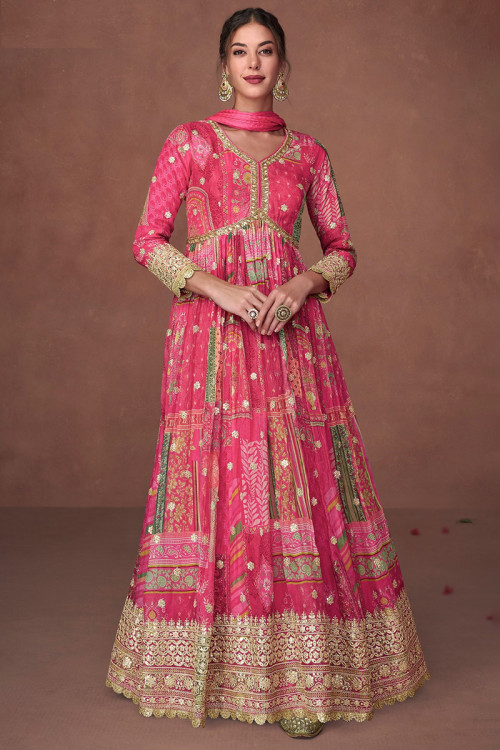 Cerise Pink Chinnon Printed Wedding Wear Anarkali Suit 