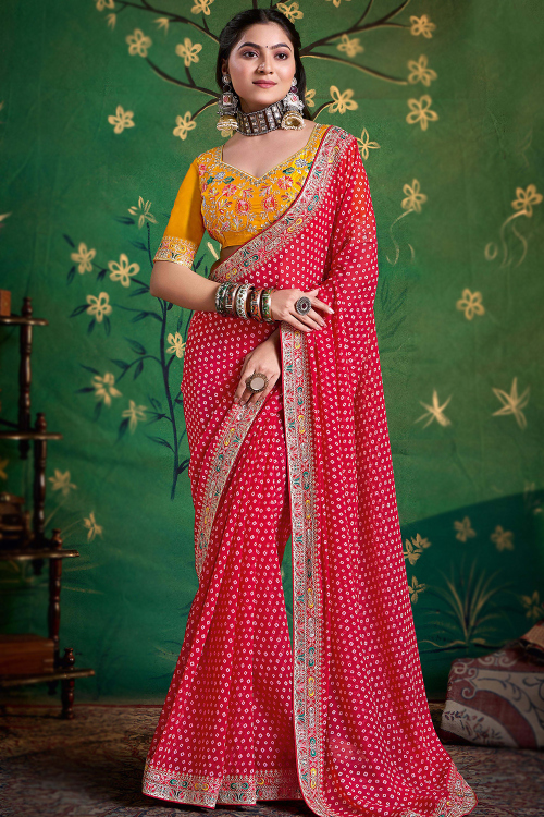 Cerise Pink Georgette Bandhej Print Light Weight Saree