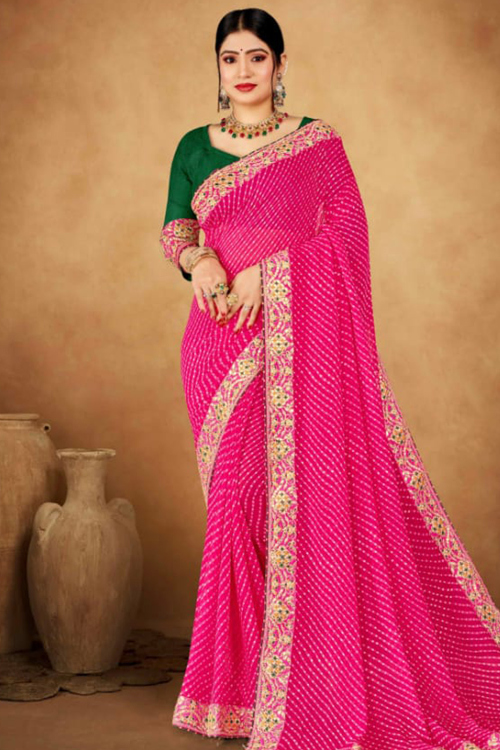 Cerise Pink Georgette Bandhej Print Saree for Festival 