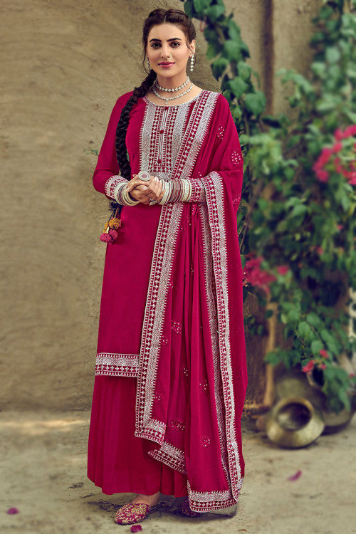 Cerise Pink Georgette Embroidered Straight Cut Palazzo Suit