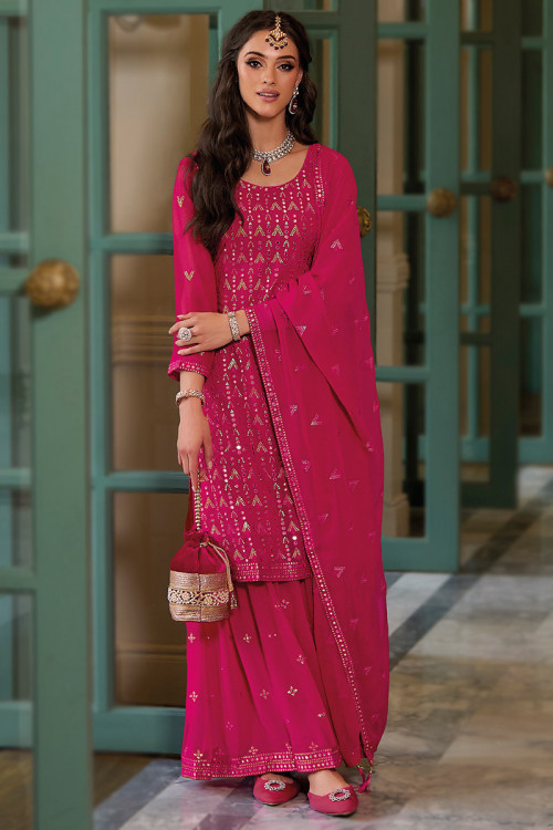 Cerise Pink Georgette Embroidered Straight Cut Sharara Suit 