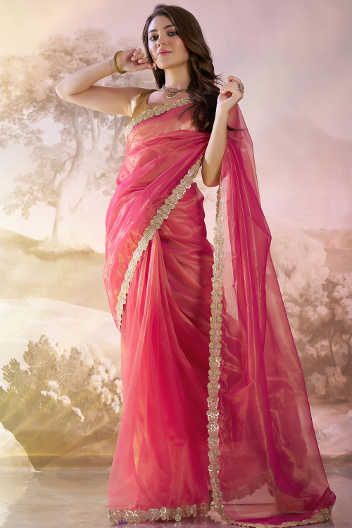 Cerise Pink Net Embroidered Shimmer Saree