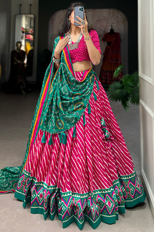 Cerise Pink Silk Blend Lehenga With Printed Work For Diwali