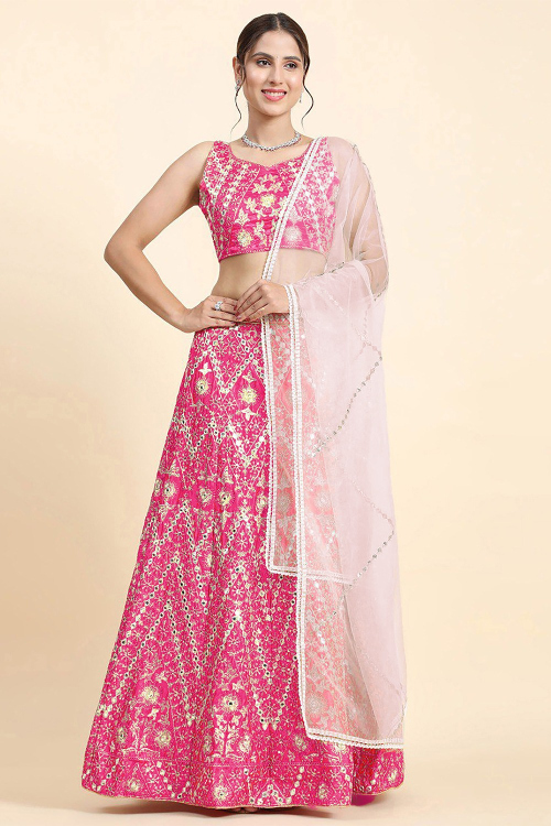 Cerise Pink Silk Embroidered A Line Lehenga 