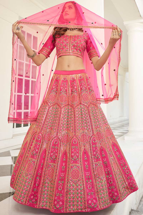 Cerise Pink Silk Resham And Stone Embroidered Lehenga