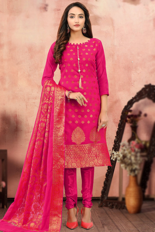Cerise Pink Silk Woven Churidar Suit