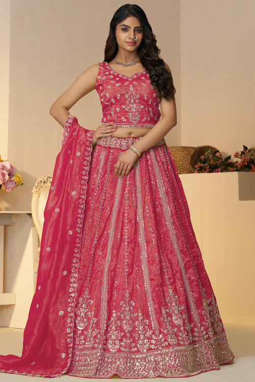 Cerise Pink Tissue Silk Embroidered Flared Style Lehenga