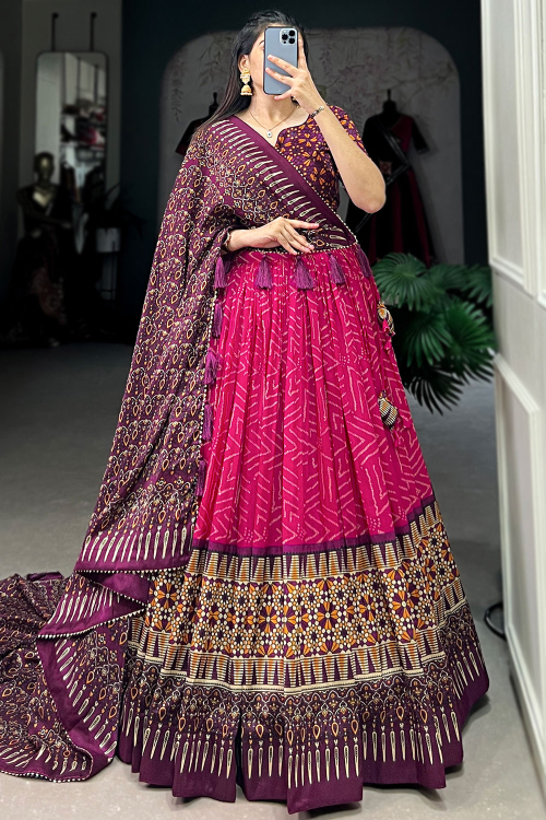 Cerise Pink Tussar Silk Lehenga With Printed Work For Diwali