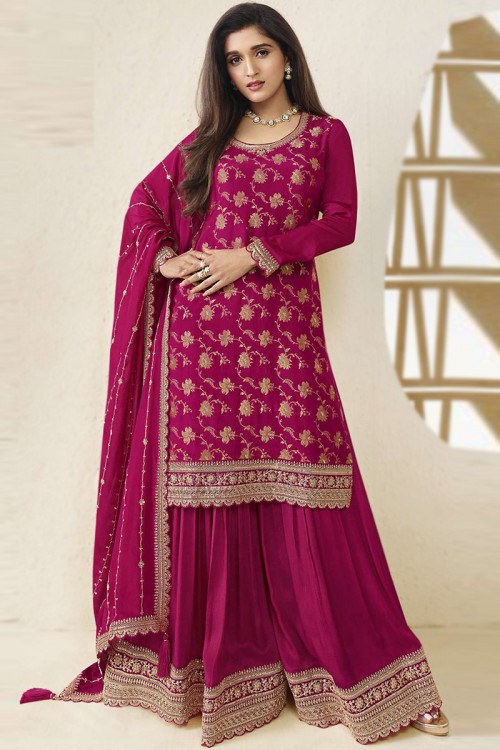 Cerise Pink Weaved Zari Chinnon Sharara Suit For Eid 