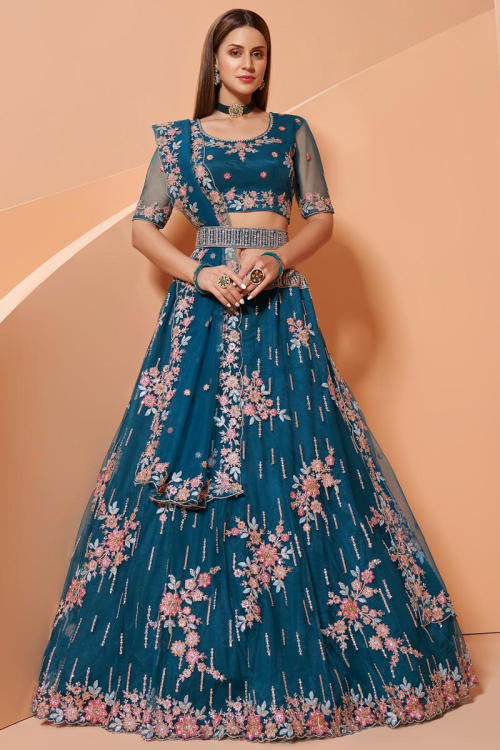 Cerulean Blue Net Embroidered Wedding Wear Lehenga