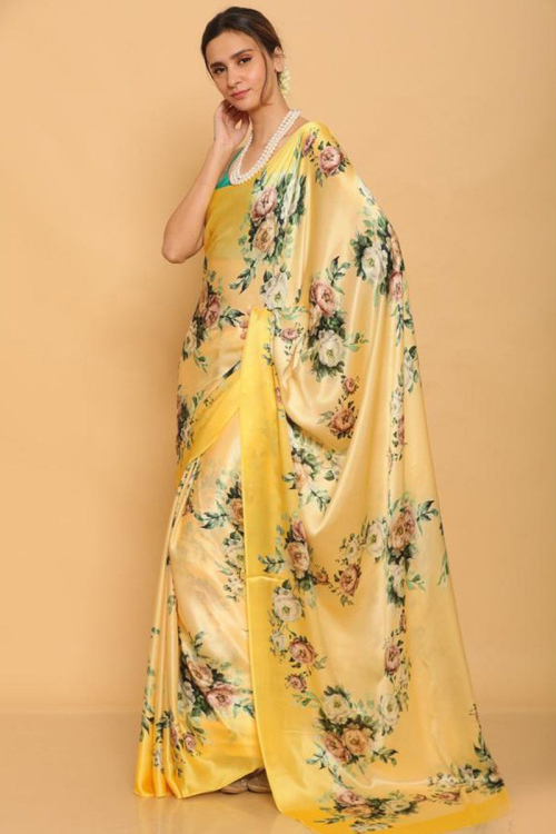Digital Print Satin Pale Yellow Indian Designer Saree