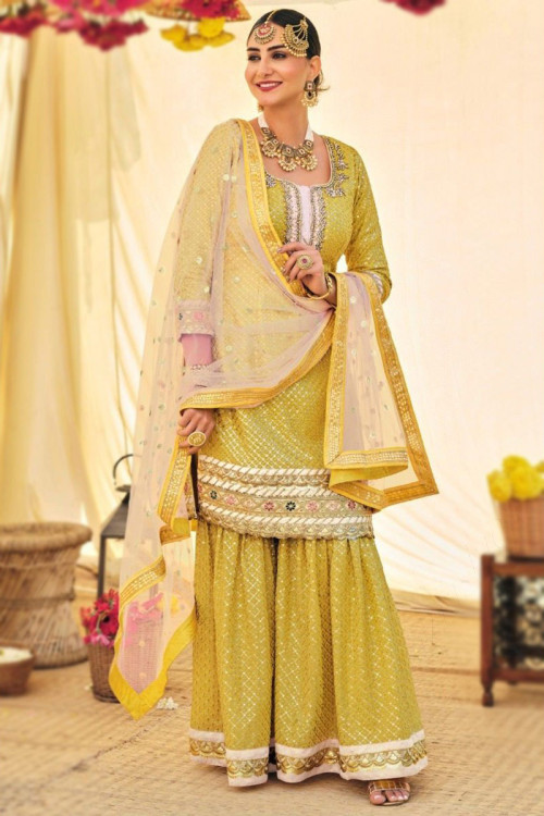Embroidered Georgette Turmeric Yellow Sharara Suit