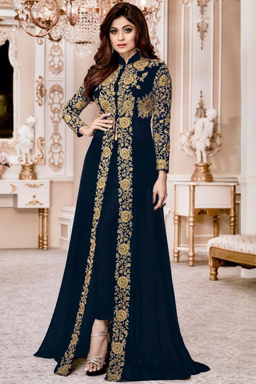 Buy Georgette Navy Blue Anarkali Suit With Copper Dori Work Online  -LSTV0365 Andaaz Fashion