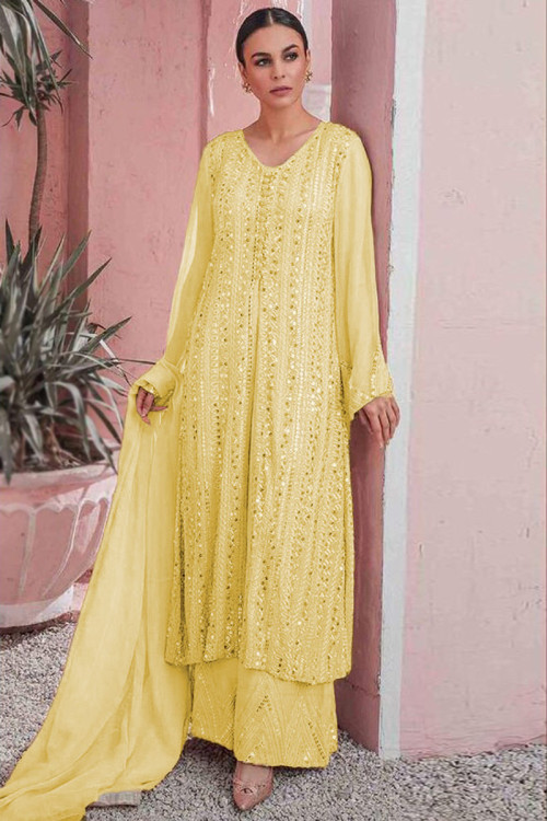 Thread Embroidered Georgette Light Yellow Straight Pant Suit for Eid