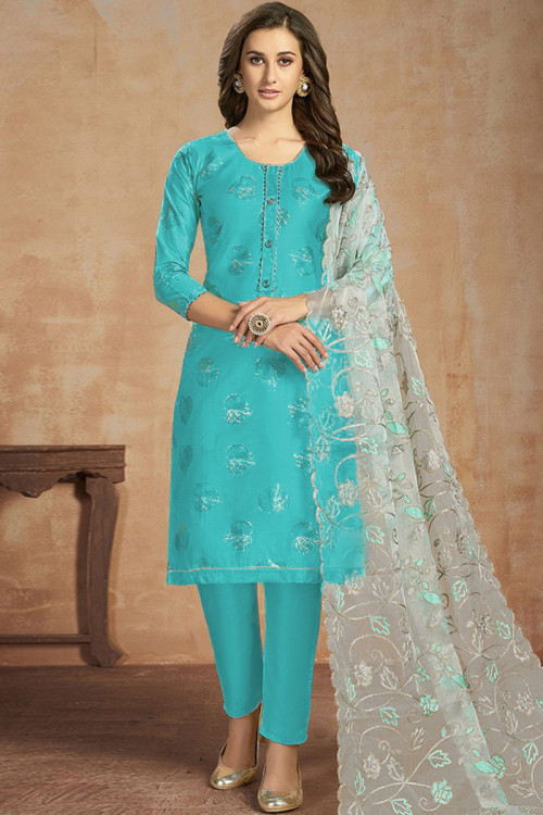 Turquoise Blue Cotton Indian Suit With Straight Pant