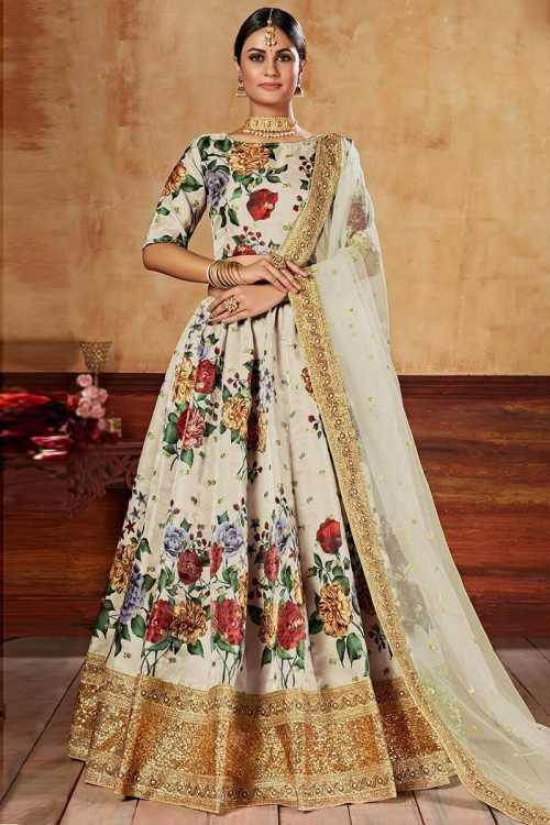 Ivory Art Silk Floral Digital Print Lehenga