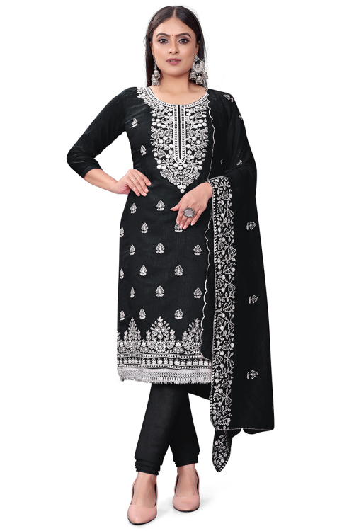 Chanderi Cotton Black Lace Embroidered Churidar Suit