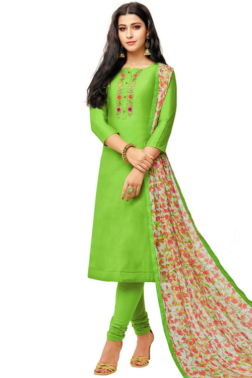 Chanderi Cotton Bright Green Churidar Suit