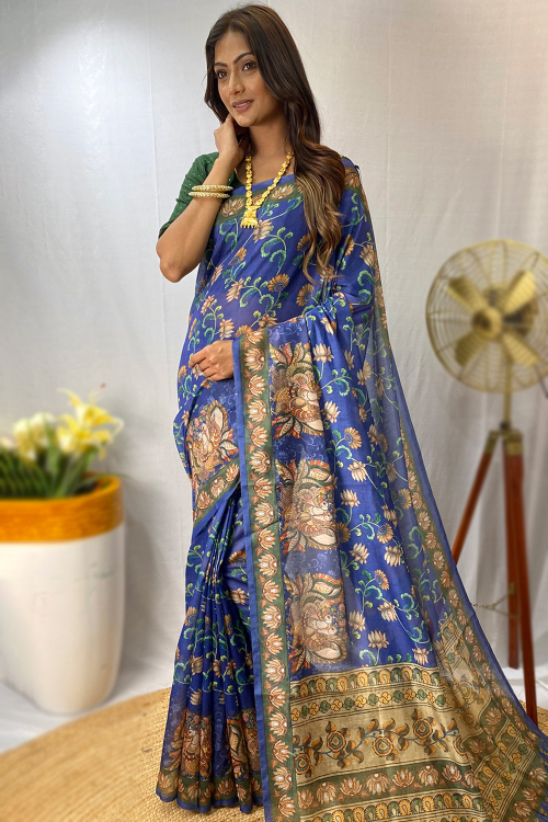 Chanderi Cotton Indigo Blue Printed Light Weight Saree 