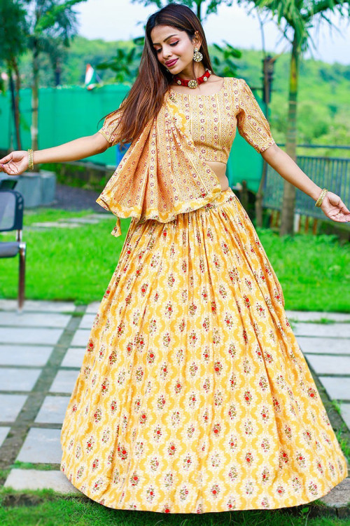 Buy Yellow Cotton Silk And Embroidery Foil Scoop Lehenga Set For Women by  Abbaran Online at Aza Fashions.
