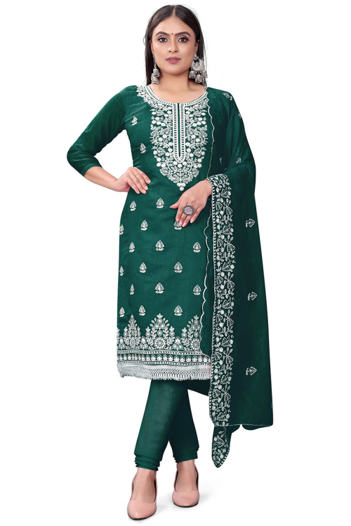 Chanderi Cotton Sea Green Embroidered Churidar Suit