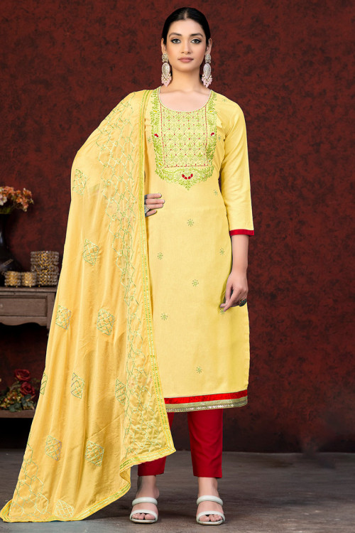 Chanderi Light Yellow Embroidered Straight Cut Trouser Suit