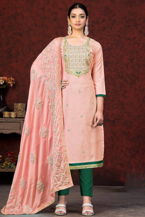 Chanderi Salmon Peach Embroidered Straight Cut Trouser Suit 