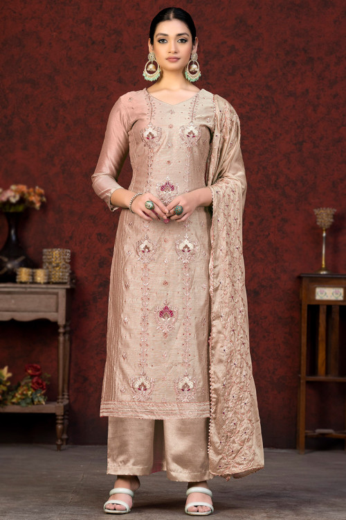 Chanderi Silk Beige Embroidered Straight Cut Palazzo Suit