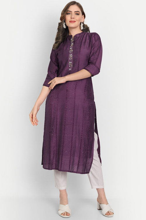 Chanderi Silk Dark Purple Embroidered Festival Wear Ready Made Kurti