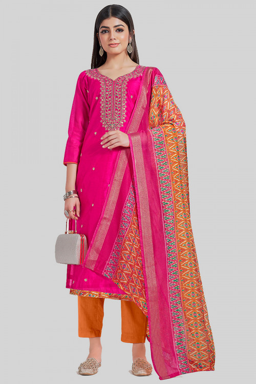 Chanderi Silk Embroidered Hot Pink Straight Cut Trouser Suit