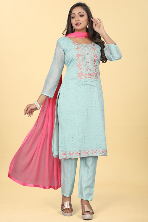 Chanderi Silk Embroidered Light Blue Straight Cut Trouser Suit