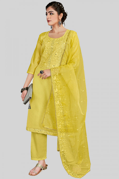 Chanderi Silk Embroidered Mustard Yellow Straight Pants Suit 