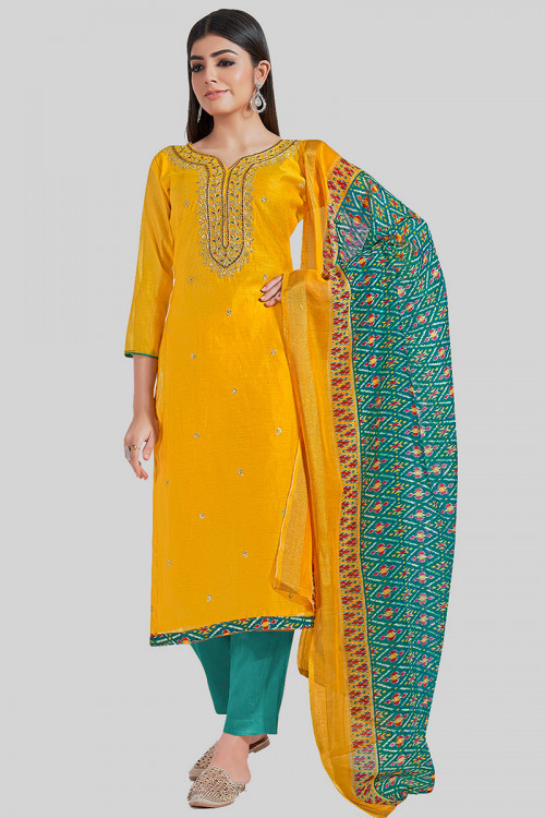 Chanderi Silk Embroidered Turmeric Yellow Trouser Suit
