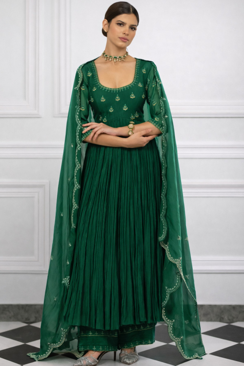 Chanderi Silk Emerald Green Anarkali Style Trouser Suit with Sequins for Mehndi