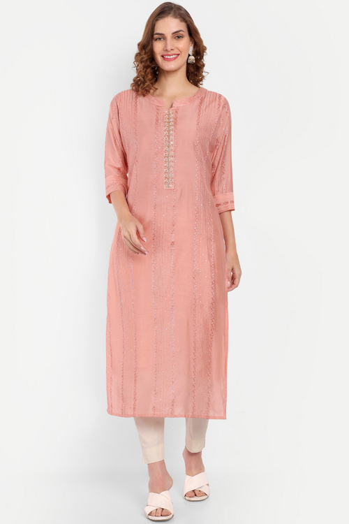 Chanderi Silk Ready Made Kurti in Light Pink Colour for Festival