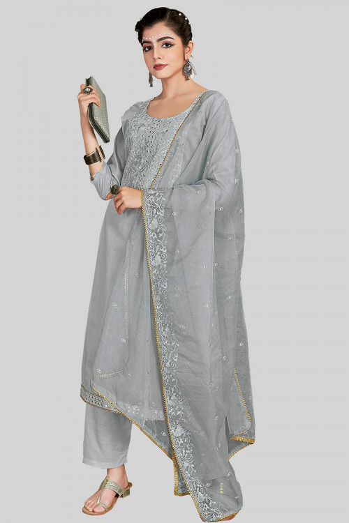 Chanderi Silk Lace Embroidered Grey Straight Pants Suit